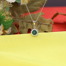 Yeşil Beyaz Taşlı Minimal Anturaj Yuvarlak Gümüş Kolye