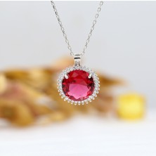 Kırmızı Beyaz Zirkon Taşlı Yuvarlak Gümüş Kolye