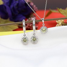 Sarı Beyaz Taşlı Minimal Anturaj Yuvarlak Gümüş Kolye Küpe Takım