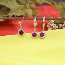 Kırmızı Beyaz Taşlı Minimal Anturaj Yuvarlak Gümüş Kolye Küpe Takım