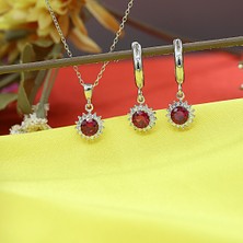 Kırmızı Beyaz Taşlı Minimal Anturaj Yuvarlak Gümüş Kolye Küpe Takım