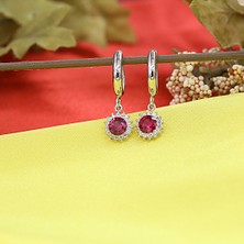 Kırmızı Beyaz Taşlı Minimal Anturaj Yuvarlak Gümüş Kolye Küpe Takım