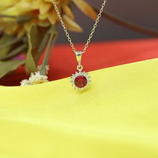 Kırmızı Beyaz Taşlı Minimal Anturaj Yuvarlak Gümüş Kolye Küpe Takım
