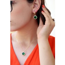 TB Takı Boom Yeşil Taşlı Takı Seti, Sallantılı Zümrüt Kolye Küpe Seti, Gerçek Gümüş Gold Kaplama