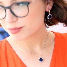 Lacivert Beyaz Zirkon Taşlı Yuvarlak Gümüş Kolye Küpe Takım