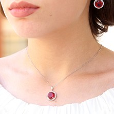 Kırmızı Beyaz Zirkon Taşlı Yuvarlak Gümüş Kolye Küpe Takım