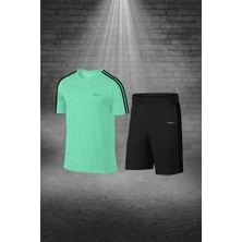 Poseidon Storm Battal Beden Erkek Su Yeşili Dri-Fit Kumaş Spor Için Konforlu Cepli Kısa Kol Tişört Şort Ikili Takım  (4XL-10XL)