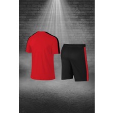 Poseidon Storm Erkek Kırmızı Dri-Fit Kumaş Baskısız Bisiklet Yaka Kısa Kol Konforlu Alt Üst Takım Şort Tişört Seti (S-3xl)