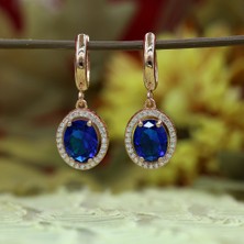 TB Takı Boom Mavi Taşlı Küpe, Safir Taşlı Kadın Küpe, Lacivert Taşlı Kadın Küpe, 925 Ayar Gümüş Rose Gold Kaplama