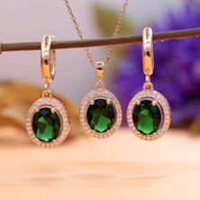 Tb Takı Boom Zümrüt Taşlı Takı Seti, Yeşil Taşlı Oval Kolye Küpe Seti, Gümüş Rose Gold Kaplama