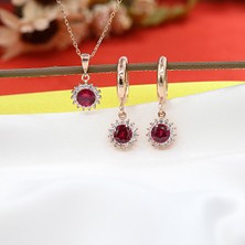 Kırmızı Beyaz Taşlı Minimal Anturaj Yuvarlak Gümüş Kolye Küpe Takım