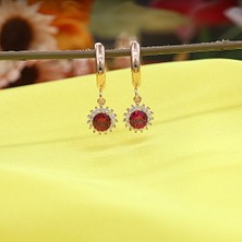 Kırmızı Beyaz Taşlı Minimal Anturaj Yuvarlak Gümüş Kolye Küpe Takım