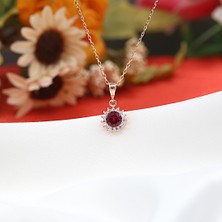 Kırmızı Beyaz Taşlı Minimal Anturaj Yuvarlak Gümüş Kolye Küpe Takım