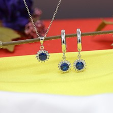Lacivert Beyaz Taşlı Minimal Anturaj Yuvarlak Gümüş Kolye Küpe Takım