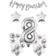 Bal10 Dünyası Gümüş Konsept 8 Yaş Doğum Günü Konfetili Kutlama Seti