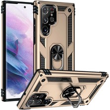 Kılıfmania Samsung Galaxy S22 Ultra Kapak Military Yüzüklü Stantlı Panzer Tank Kılıf - Gold