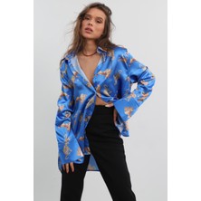 Madmext Mad Girls Leoparlı Mavi Saten Gömlek MG187