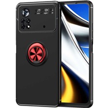 Case 4U Xiaomi Poco M4 Pro 5G Kılıf Autofocus Shockprof Ravel Yüzüklü Standlı Slikon Kapak Siyah - Kırmızı