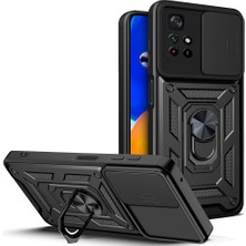 Case 4U Xiaomi Poco M4 Pro 5G Kılıf Stand Olabilen Yüzüklü Sürgülü Vega Arka Kapak Siyah