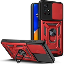 Case 4U Xiaomi Poco M4 Pro 5G Kılıf Stand Olabilen Yüzüklü Sürgülü Vega Arka Kapak Kırmızı