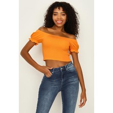 Select Moda Kadın Balon Kol Gipeli Crop Bluz