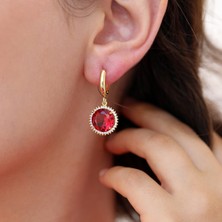 TB Takı Boom Kırmızı Taşlı Küpe, Kadın Sallantılı Küpe, Gerçek Gümüş Küpe, Gold Kaplama