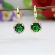 TB Takı Boom Zümrüt Yeşili Küpe, Yeşil Taşlı Kadın Küpe, Gold Kaplama Gümüş Küpe, 11 mm Taşlı Küpe