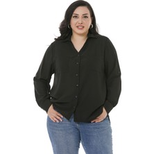 Disentis Modest Büyük Beden Katlamalı Kollu Çift Cepli Sırt Büzgü Detaylı Arkası Uzun Siyah Gömlek