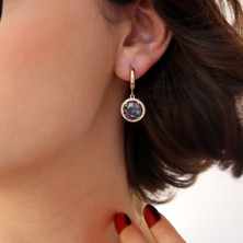 Mistik Topaz Beyaz Zirkon Taşlı Yuvarlak Gümüş Küpe