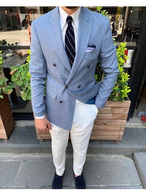 GlbFC Plus Erkek Dar Kesim Metal Düğme Kruvaze Tek Ceket-Mavi