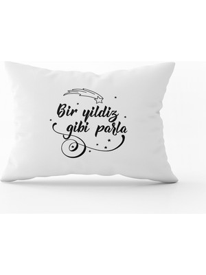 Cango Home Beyaz Siyah Bir Yıldız Gibi Parla Yazılı Dijital Baskı Kırlent Yastık Kılıfı - CGH413-3550 Çift Tarafı Baskılı