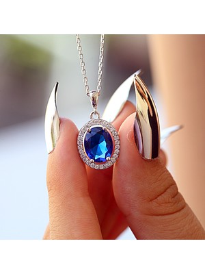 Lacivert Beyaz Zirkon Taşlı Oval Gümüş Kolye