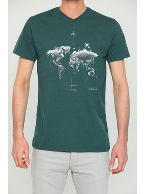 Julude Yeşil Erkek Likralı V Yaka Slim Fit Baskılı T-Shirt P-038684