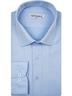 Süvari Slim Fit Armür Desenli Mavi Erkek Gömlek