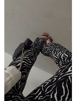 MyLove Zebra Desenli Krinkıl Pantolon Siyah