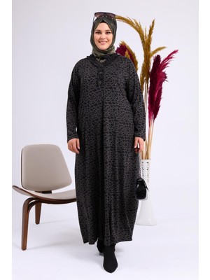 FERACE Kadın Büyük Beden Leopar Desenli Anne Elbisesi Kışlık