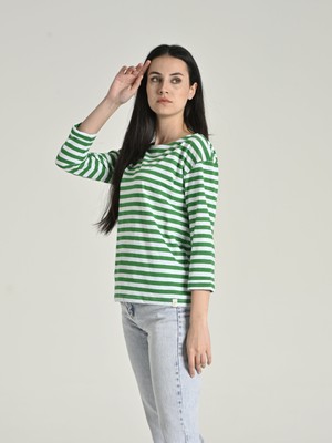 Letoile Kadın Çizgili Sıfır Yaka Pamuklu Tişört Yeşil