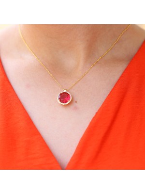 Kırmızı Beyaz Zirkon Taşlı Yuvarlak Gümüş Kolye