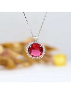 Kırmızı Beyaz Zirkon Taşlı Yuvarlak Gümüş Kolye
