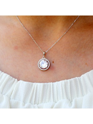 Beyaz Zirkon Taşlı Yuvarlak Gümüş Kolye