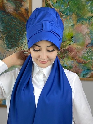 Yoisho Store Fularlı Tesettür Saks Mavi Şapka Bone