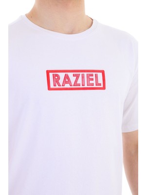 Razıel Oversıze  Çivili Amblem Baskılı Beyaz T-Shirt