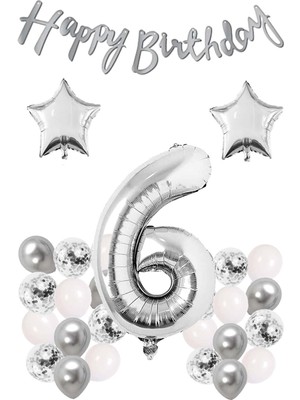Bal10 Dünyası Gümüş Konsept 6 Yaş Doğum Günü Konfetili Kutlama Seti