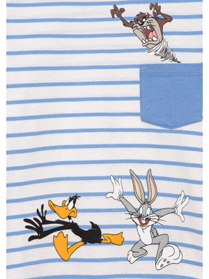 Mavi Bugs Bunny Baskılı Çizgili Tişört