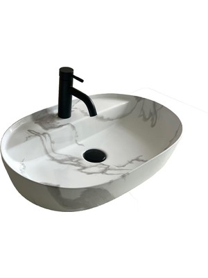 Lena E-2114M1 Tezgah Üstü Lavabo Beyaz Mermer Desenli