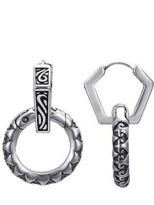 NorthShore Büyük Antik Tasarım Kombin Halka Aksesuarlı Geçirmeli Altıgen Tribal Erkek 316L Çelik Küpe (Çift)