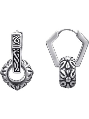 NorthShore Büyük Antik Tasarım Kombin Halka Aksesuarlı Geçirmeli Altıgen Tribal Erkek 316L Çelik Küpe (Çift)​