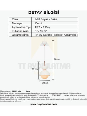 TT Aydınlatma TT007-1-BY Tt Aydınlatma Mat Beyaz Tekli Lüks Avize