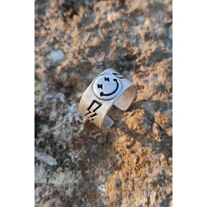 Trend Collection Smile Gülen Yüz Şimşek Motif Gümüş Kaplama Ayarlanabilir Yüzük