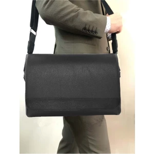 Unisex Suni Deri 14" Postacı ve Evrak Çantası - Siyah